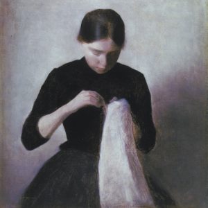 ویلهلم هامرس‌هوی دختر جوان در حال دوختن-۱۸۸۷ wilhelm hammershoi young girl sewing-1887