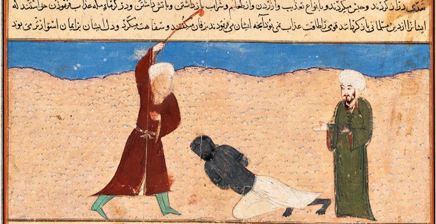 شکل 2: شکنجه بلال حبشی، جامع‌التواریخ رشیدالدین، حدود سال‌ها 750 تا 803 ه.ق. کتابخانه کاخ توپقاپی، استانبول، H. 1654, folio 62r.