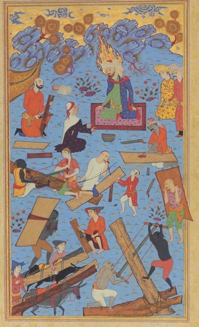 19 حضرت نوح ع در حال نظارت بر ساختن کشتی، حبیب السیر، جلد اول، ص 44، اوایل سده 11 ه.ق. کاخ گلستان پرتره بدون صورت حضرت نوح (ع) در حال نظارت بر ساختن کشتی، حبیب السیر، جلد اول، ص 44، اوایل سده 11 ه.ق. کاخ گلستان