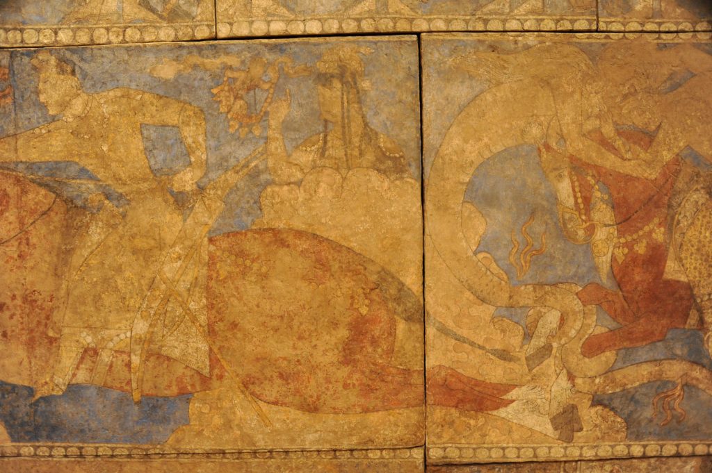 رستم و اژدها. پنجِکنت. حدود 120 خورشیدی، 740میلادی 1 نقاشی سُغدی؛ حماسه‌ی تصویری در هنر خاور زمین
