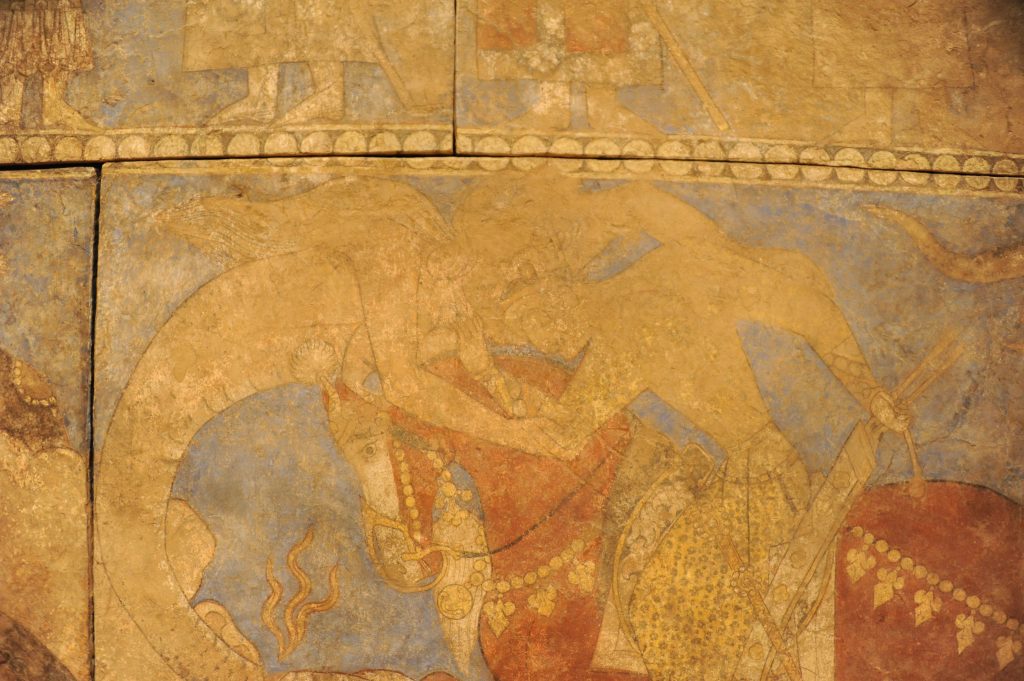 رستم و اژدها. پنجِکنت. حدود 120 خورشیدی، 740میلادی ۳ 1 نقاشی سُغدی؛ حماسه‌ی تصویری در هنر خاور زمین