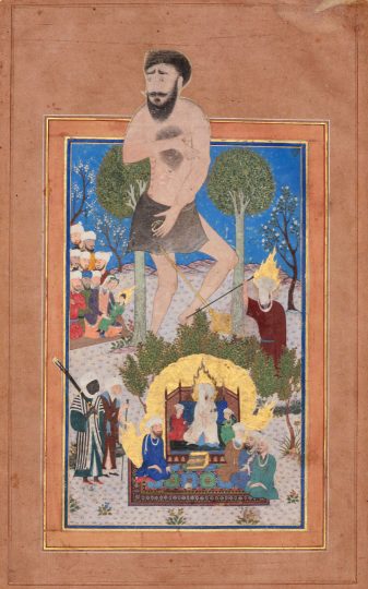 نگاره‌ای متعلق به اوایل قرن پانزدهم میلادی، عوج بن عناق (عنق) را در حال نبرد با موسی، تبریز یا بغداد، the Khalili Collection, London